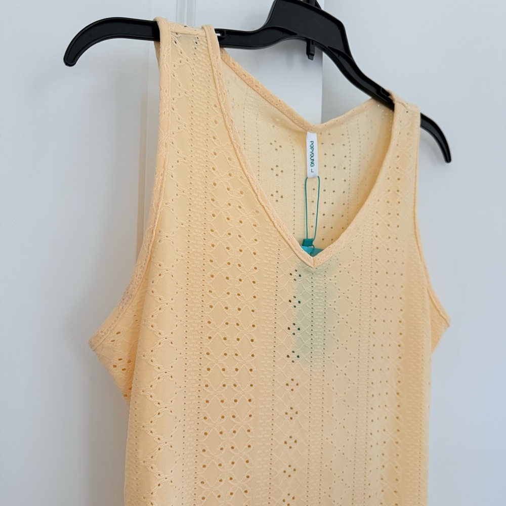 POPYOUNG NWT Bodycon Minidress Beach Cover Up Pale Yellow Eyelet Sheer V-Neck L - Picture 3 of 12